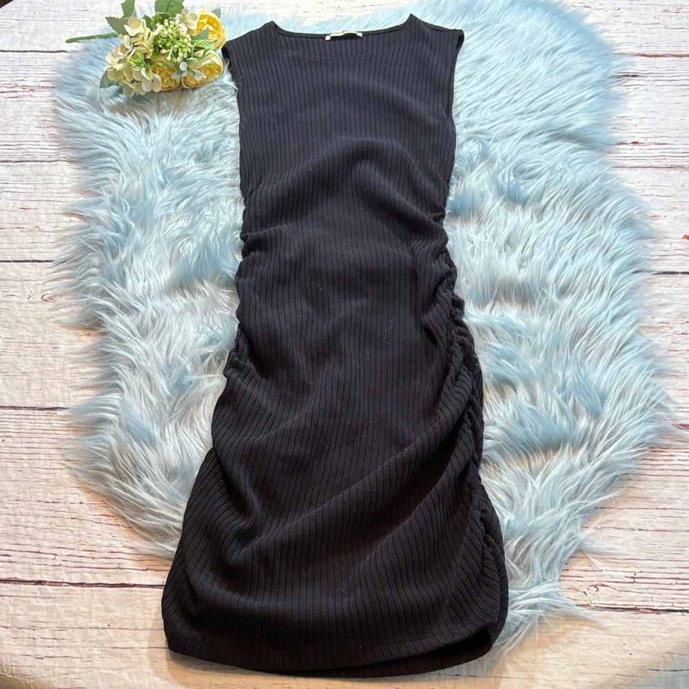 Reformation Maly Black Ribbed Knit Ruched Side Mini Dress sz S